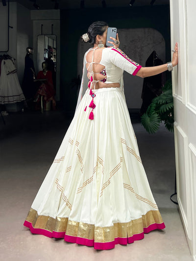 White Lehenga Choli With Golden Zari And Pink Border
