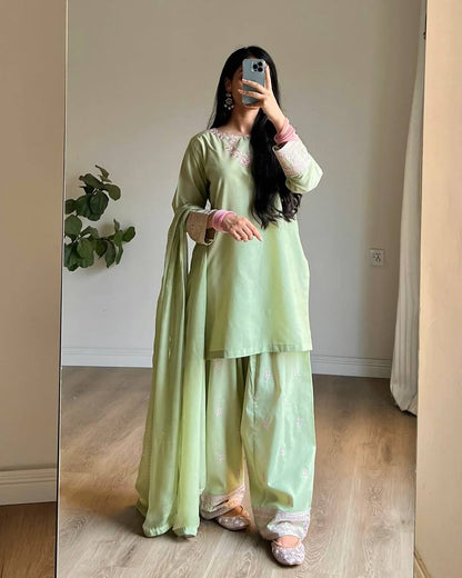 Pista Green Embroidered Farshi Salwar Suit Set With Dupatta