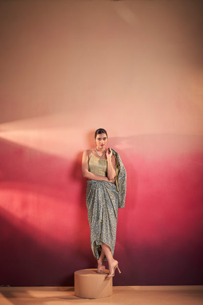 Printed Blazer And Draped Skirt Fusion Co-ord Set