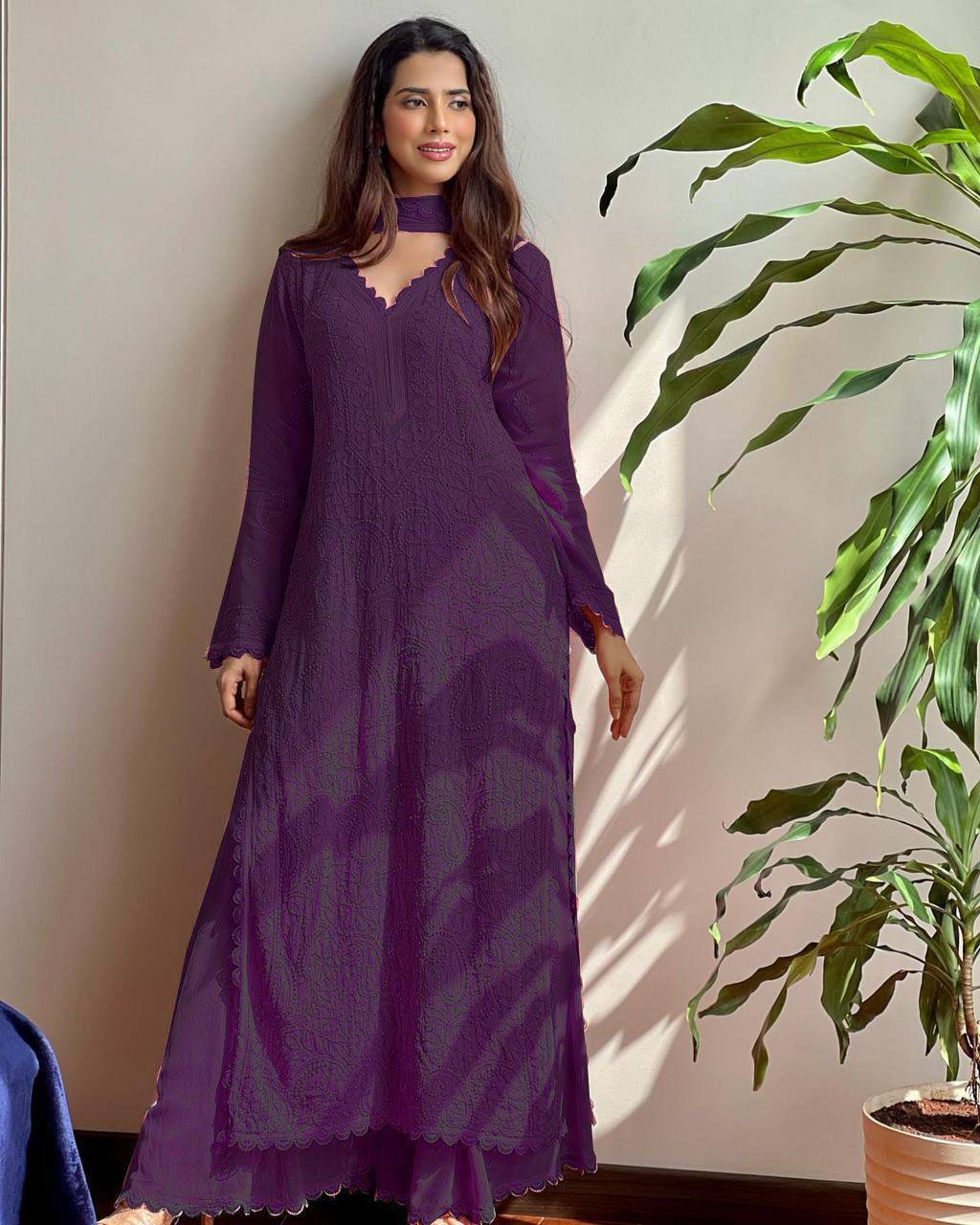 Purple Chikankari Kurti With Lace Detail And Full Length Ethnic Wear