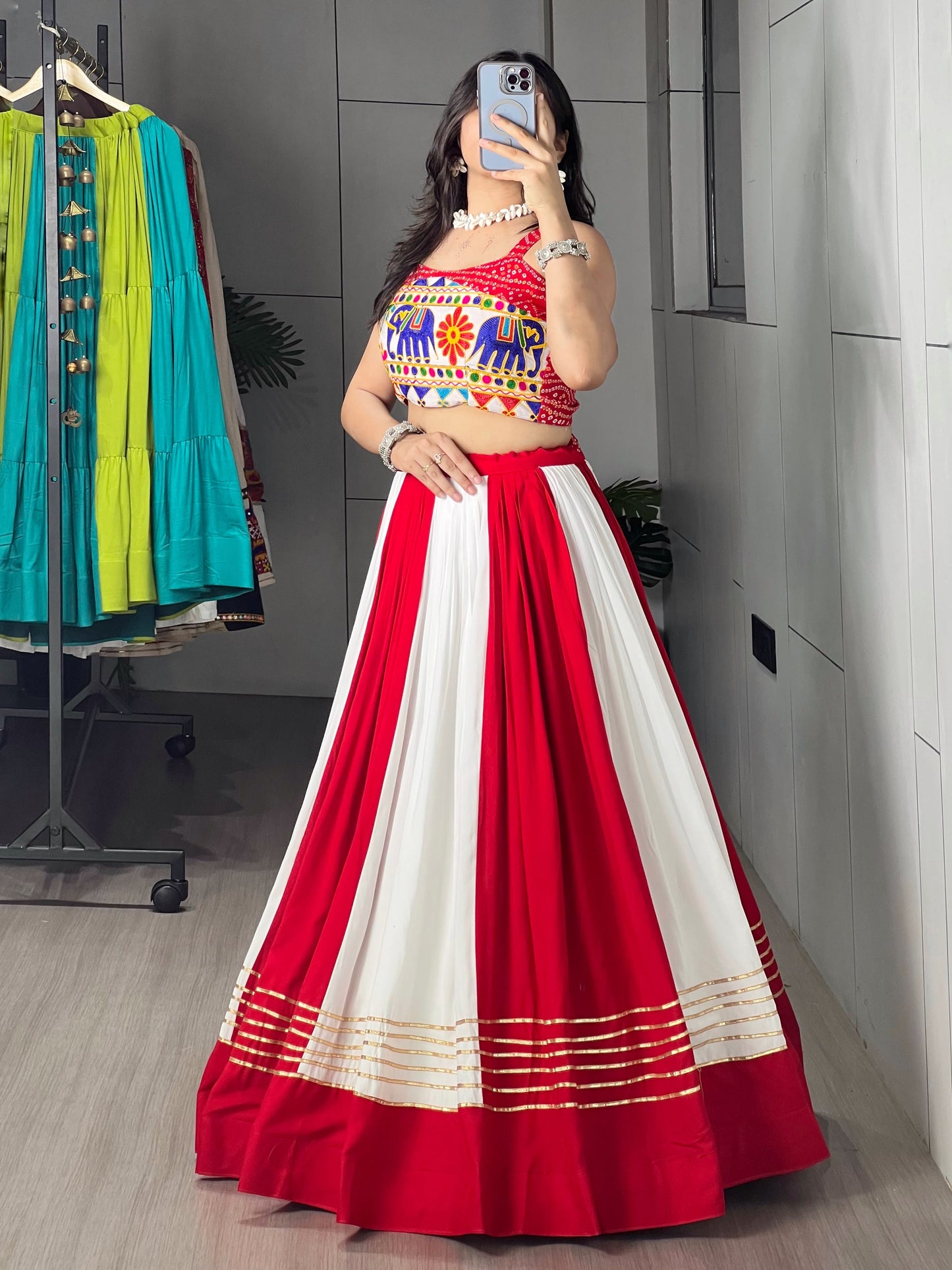6 Meter Flair Red White Panelled Lehenga Choli With Kutchi Gamthi Mirror Work