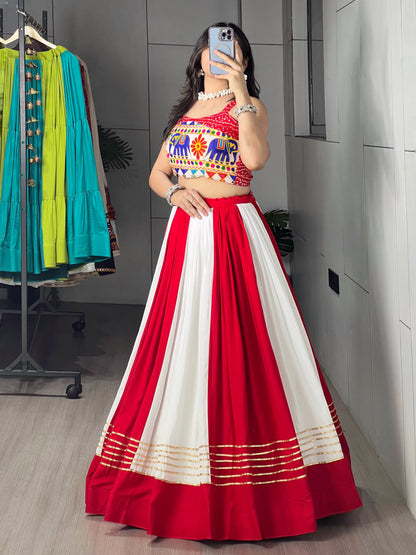 6 Meter Flair Red White Panelled Lehenga Choli With Kutchi Gamthi Mirror Work