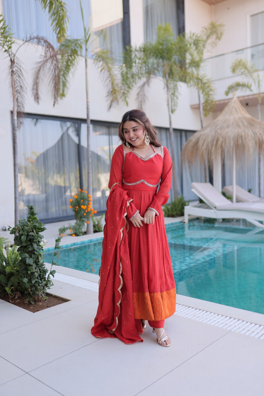 Stunning Red Anarkali Suit With Silver Lace And Orange Contrast Panel
