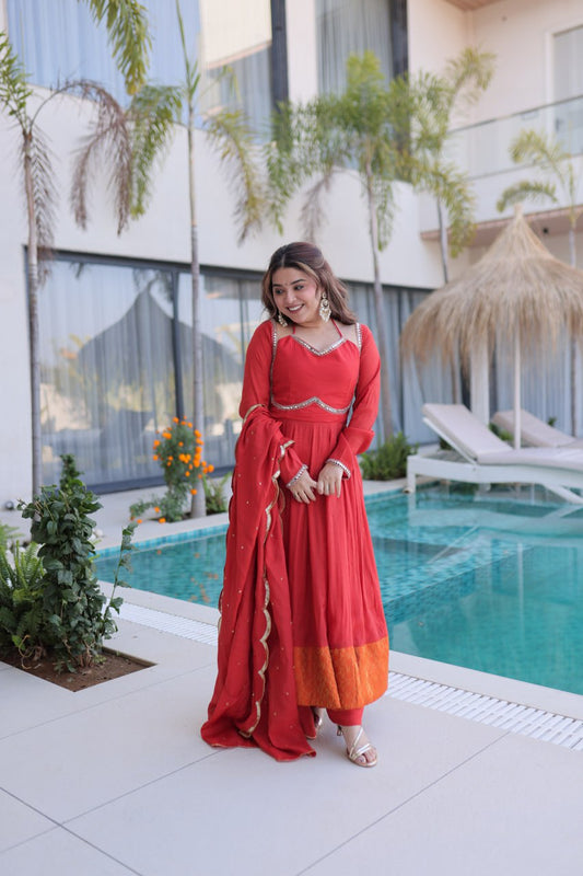 Stunning Red Anarkali Suit With Silver Lace And Orange Contrast Panel