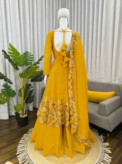 Yellow Embroidered Anarkali Suit With Floral Dupatta And Plazzo