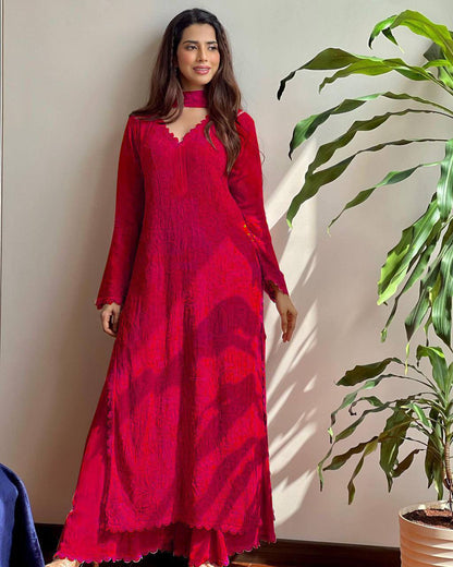 Red Chikankari Kurti With Lace Detail And Full Length Ethnic Wear