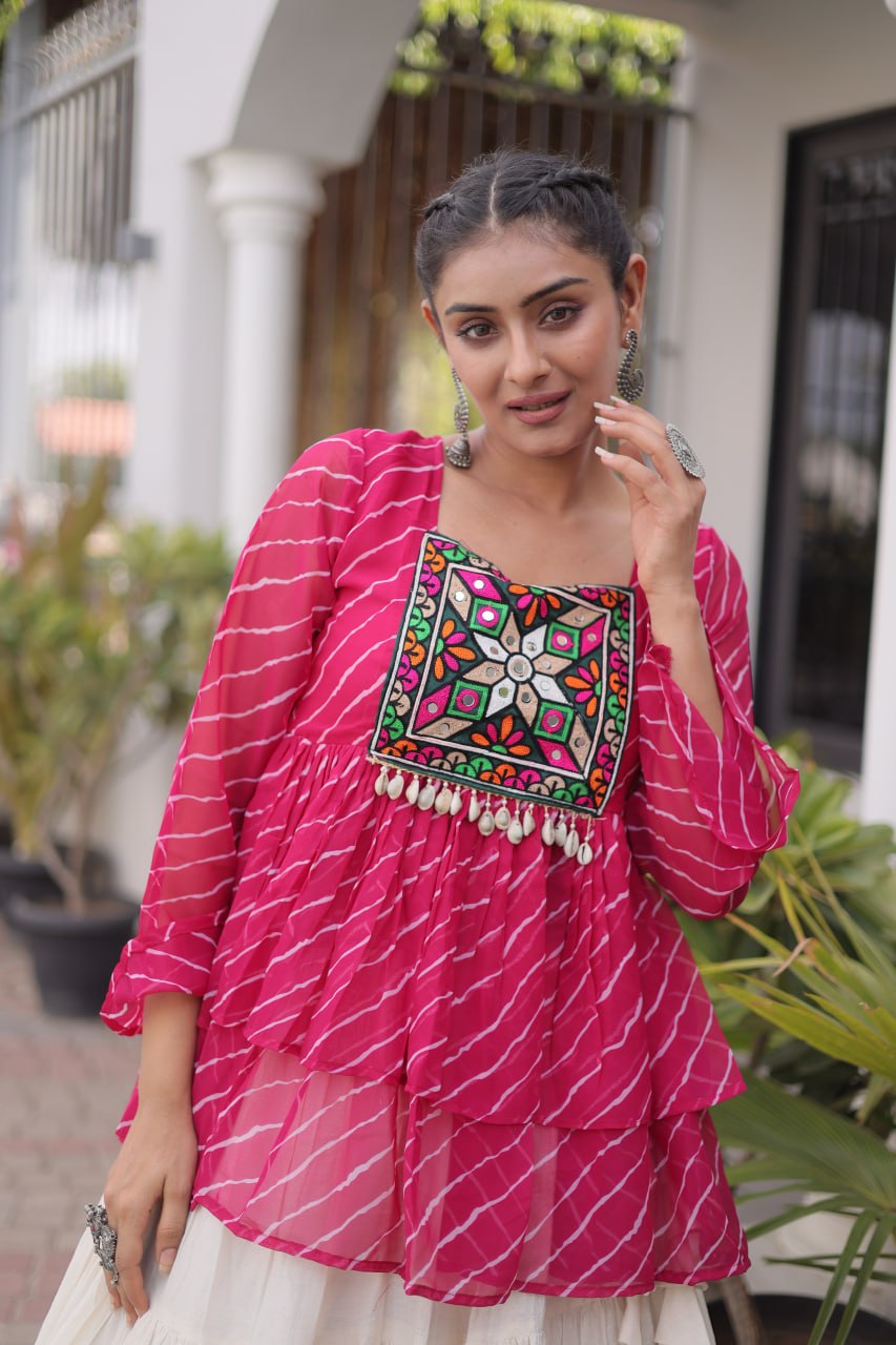 12 Meter Layered Flared Lehenga Choli With Kutchi Mirror Work And Leheriya Ruffle Top