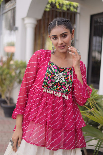 12 Meter Layered Flared Lehenga Choli With Kutchi Mirror Work And Leheriya Ruffle Top