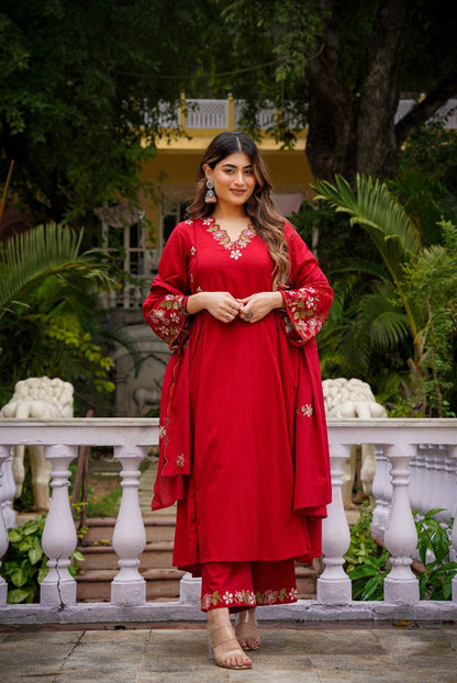 Red Silk Anarkali Suit With Floral Embroidery And Matching Dupatta – Ethnic 3‑Piece Set