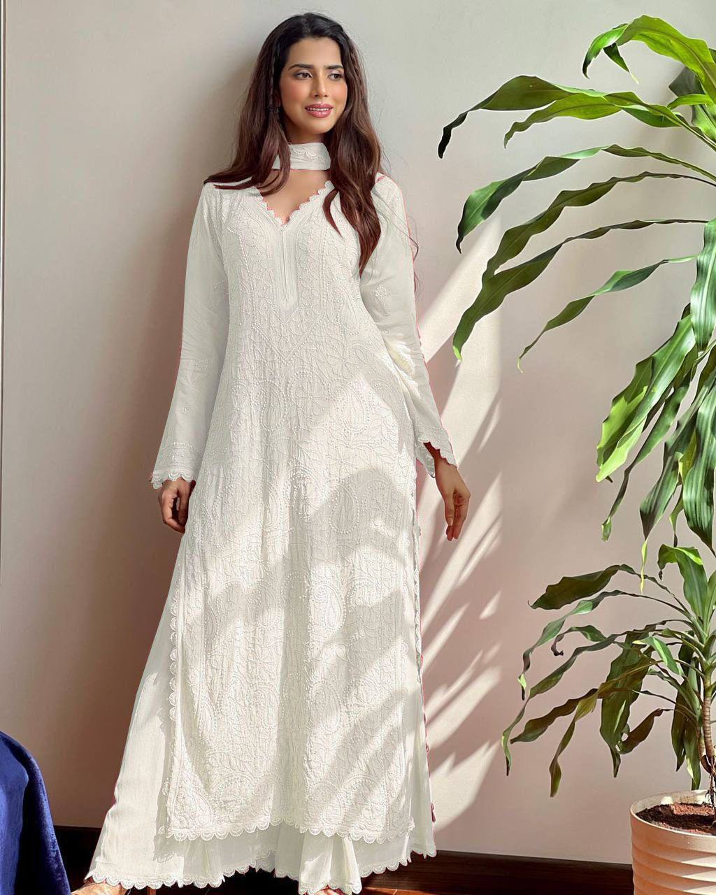 White Chikankari Kurti With Lace Detail And Full Length Ethnic Wear