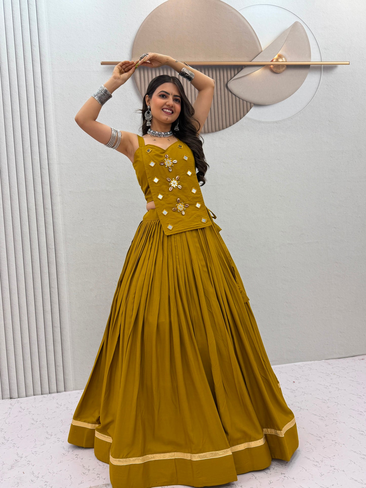 6 Meter Flair Mustard Yellow Plain Lehenga Choli With Mirror Work Jacket