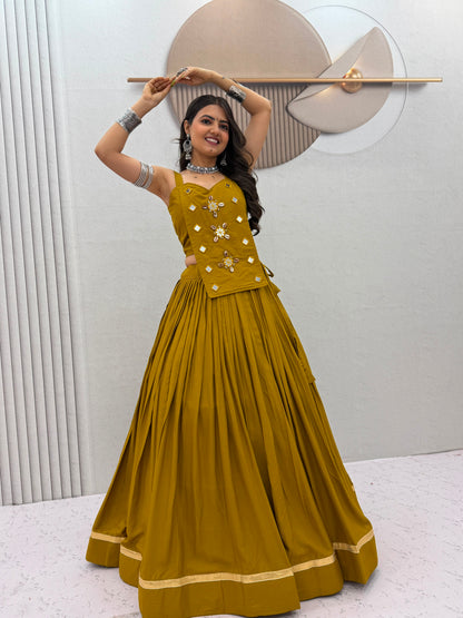 6 Meter Flair Mustard Yellow Plain Lehenga Choli With Mirror Work Jacket