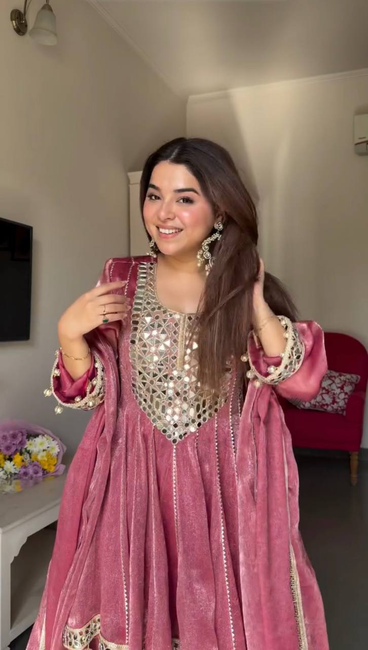 Rose Pink Mirror Work Short Anarkali Kurta With Dhoti Style Pants And Dupatta Set