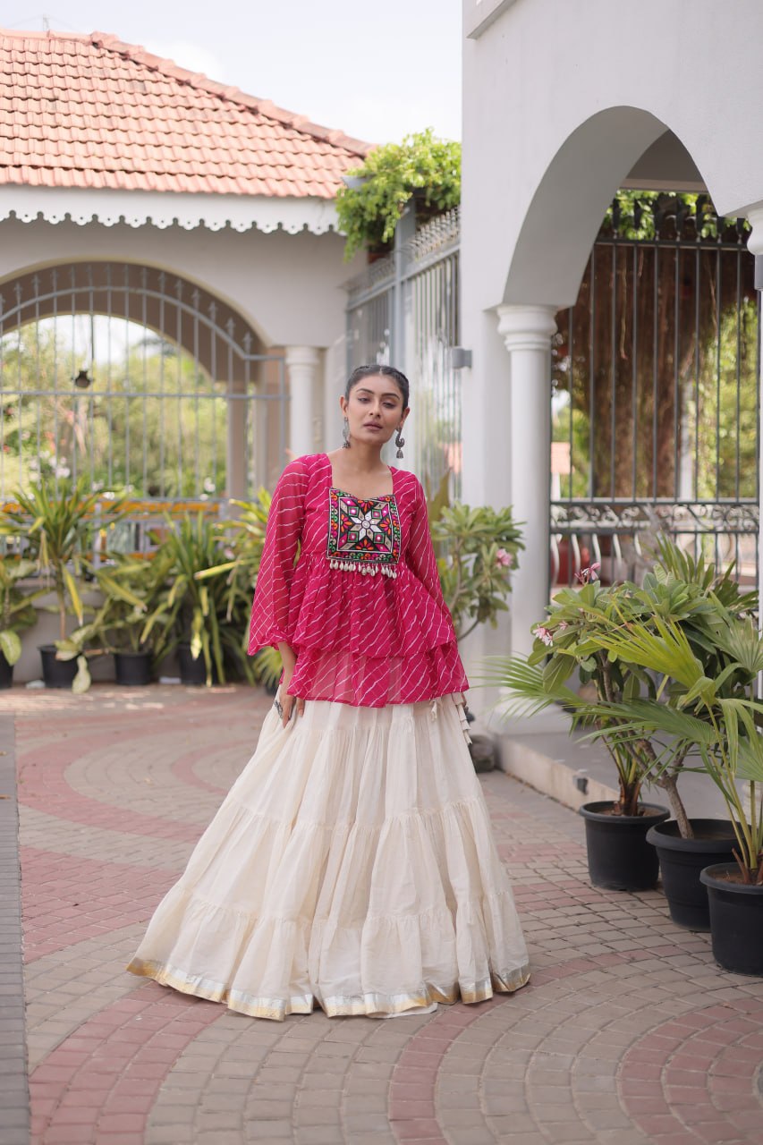 12 Meter Layered Flared Lehenga Choli With Kutchi Mirror Work And Leheriya Ruffle Top