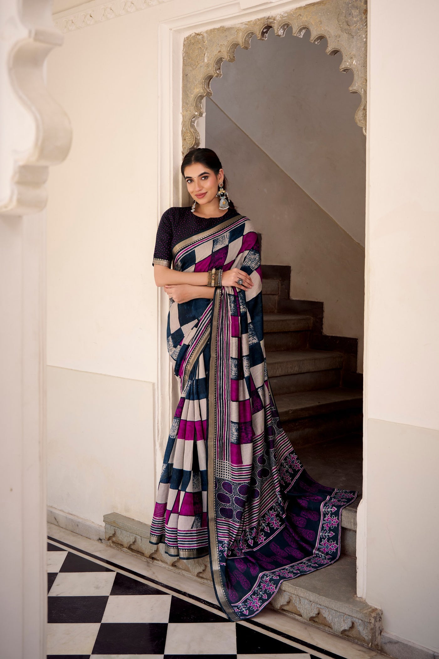 Elegant Patchwork Saree With Geometric Prints