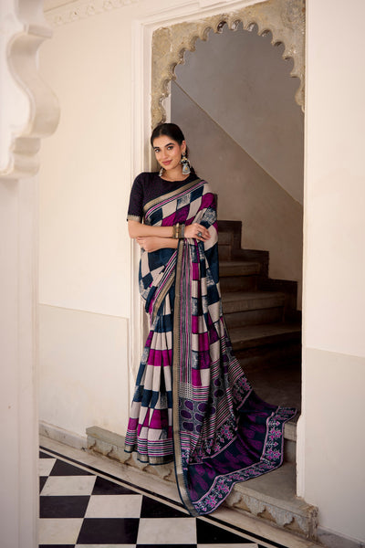 Elegant Patchwork Saree With Geometric Prints