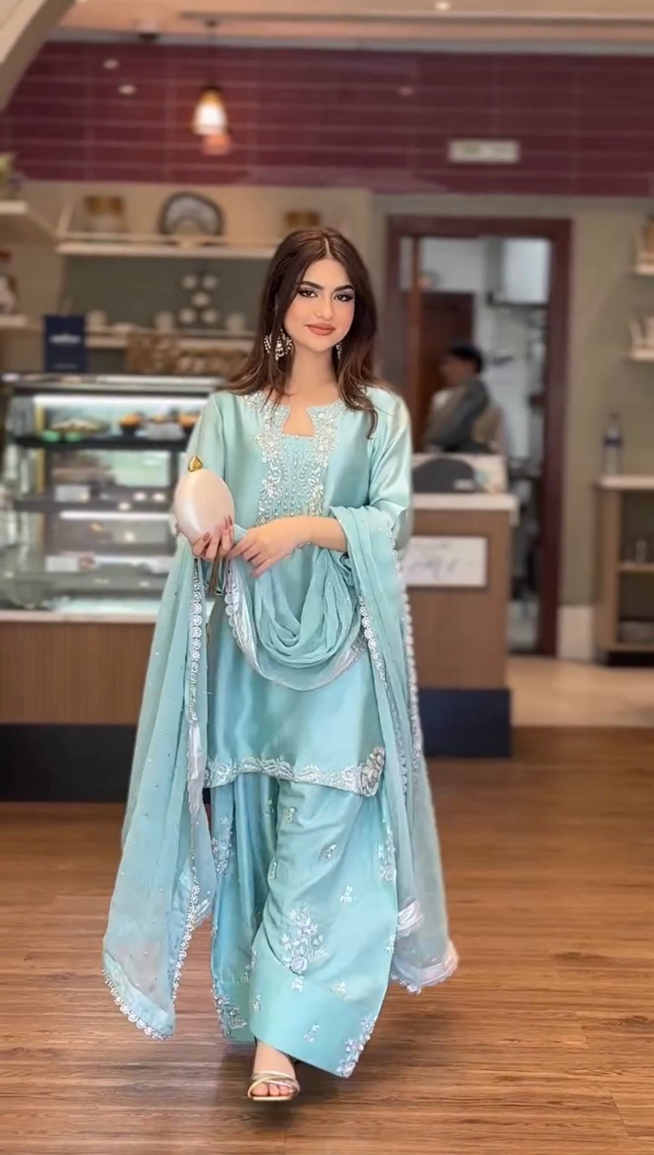 Light Blue Embroidered Moti Work Suit With Dupatta