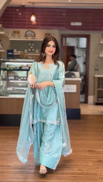 Light Blue Embroidered Moti Work Suit With Dupatta