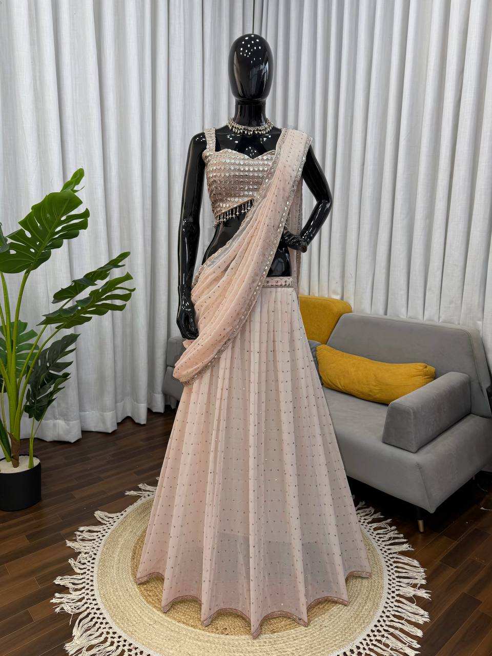 Gold Sequined Ready To Wear Saree With Gold Embroidery Blouse And Mirror Work Draped Ethnic Outfit