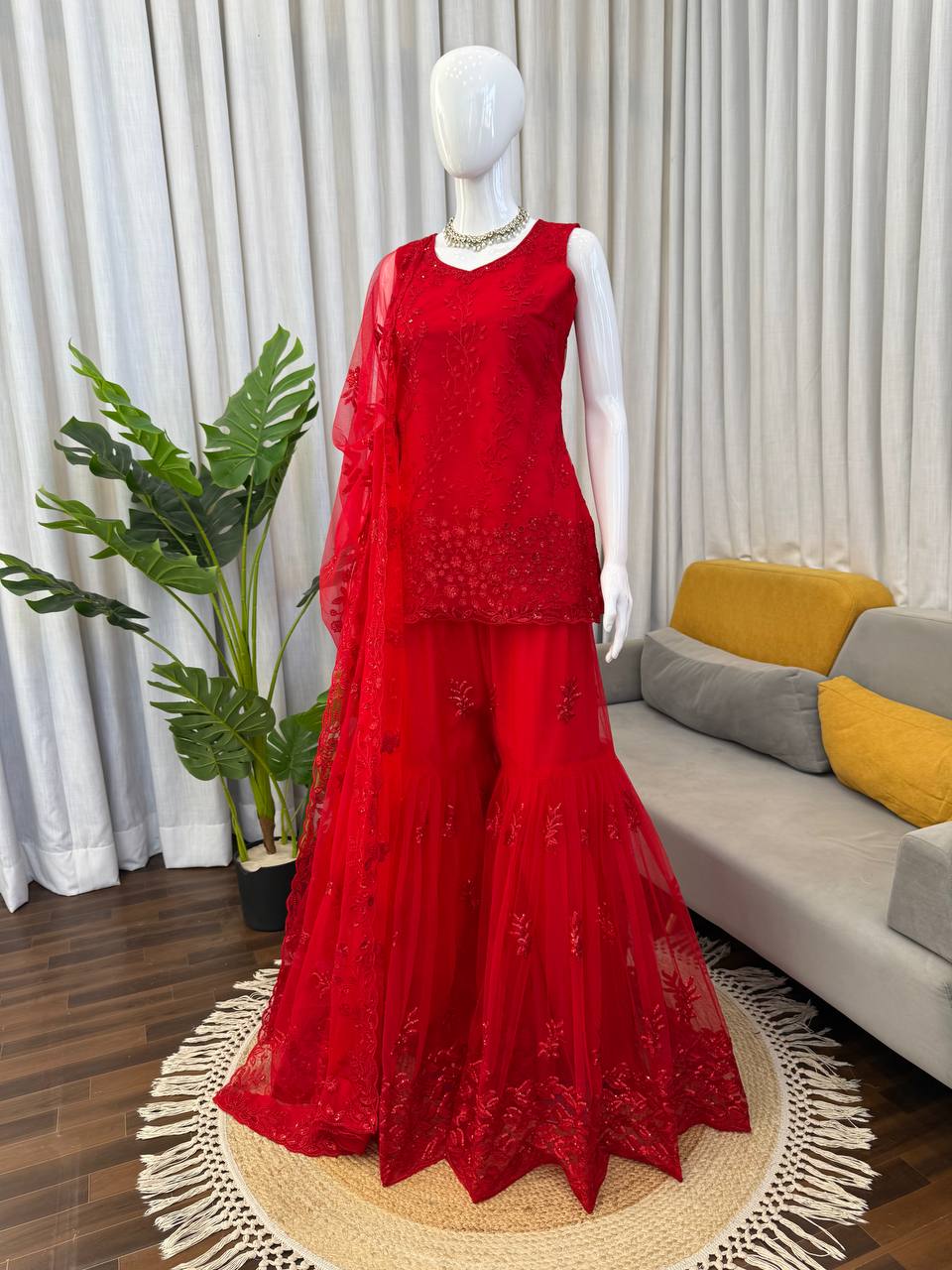 Red Embroidered Net Sharara Suit Set With Sleeveless Top And Dupatta
