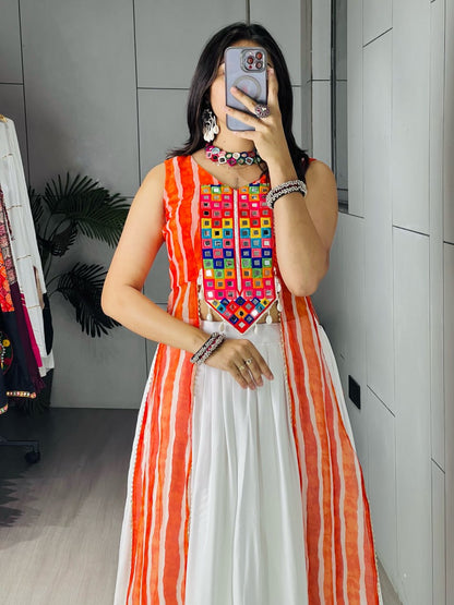 White Flared Lehenga Choli With Orange Leheriya Dupatta And Mirror Work