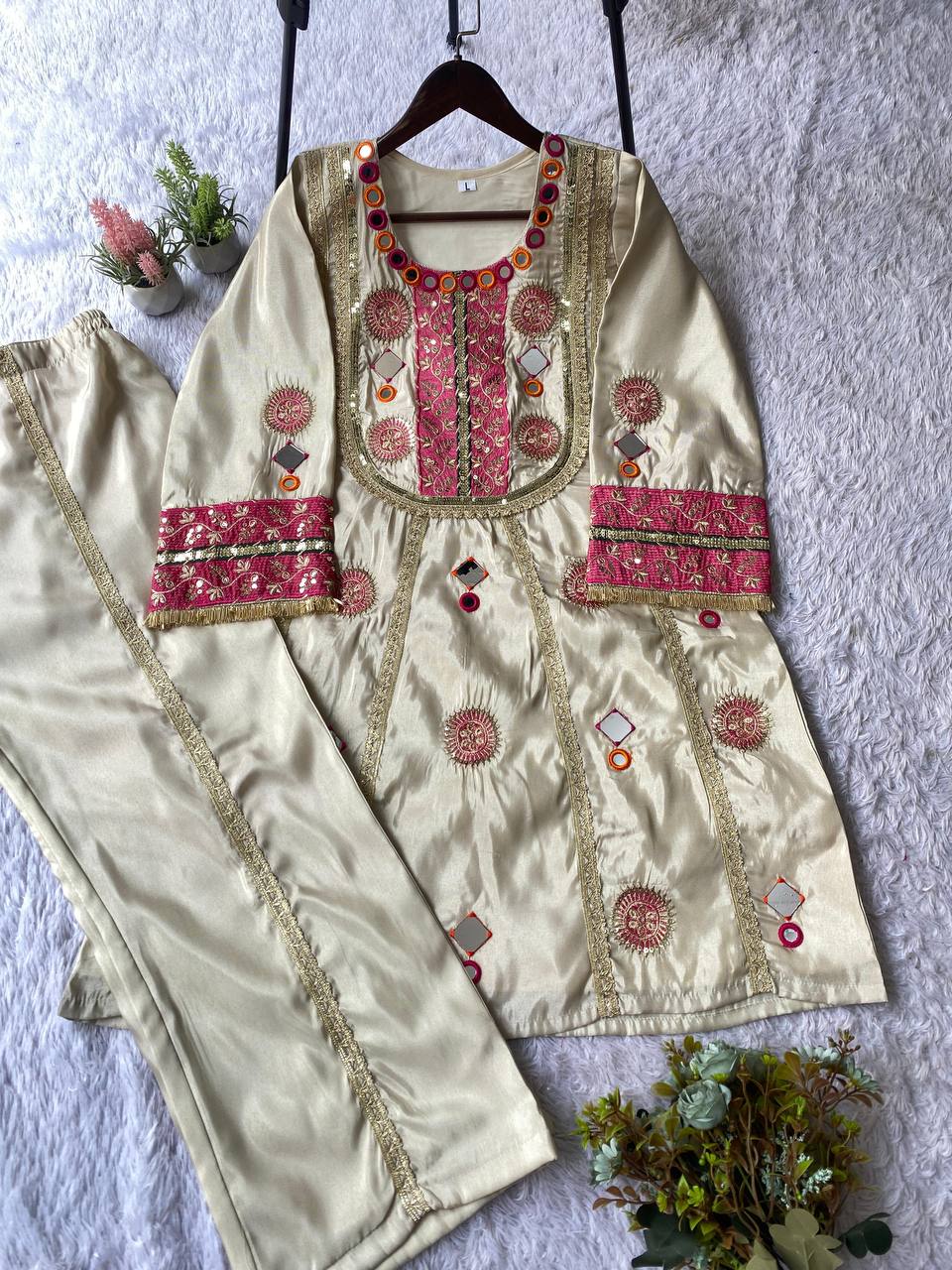 Ivory Mirror And Gota Patti Embroidered Co-ord Set With Potli Bag