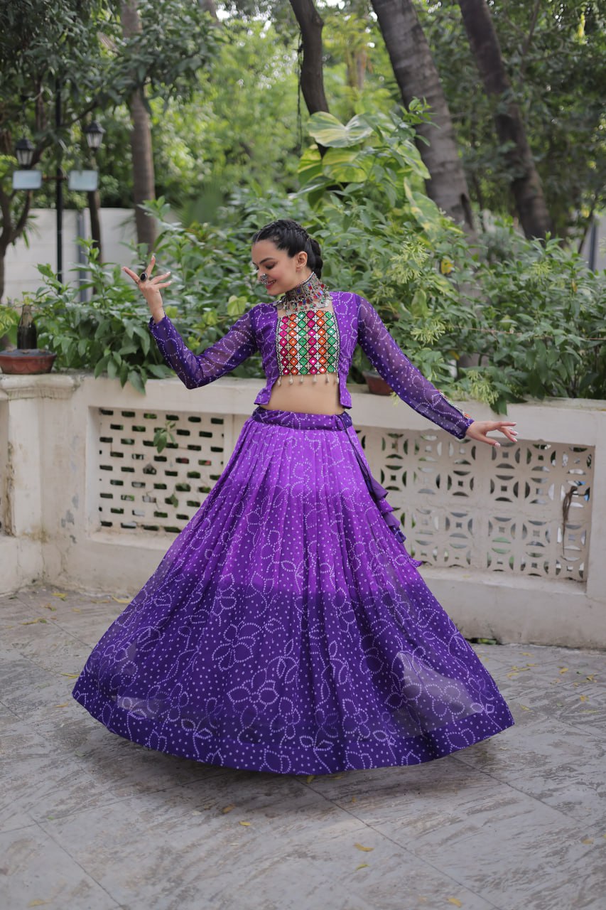 Bandhani Print Lehenga Set With Mirror Work Blouse And Full Sleeves