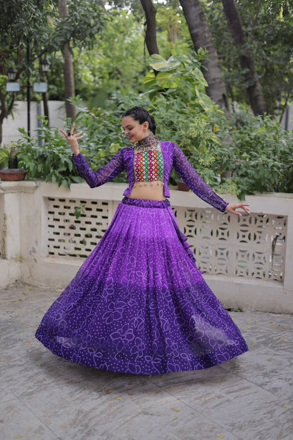 Bandhani Print Lehenga Set With Mirror Work Blouse And Full Sleeves