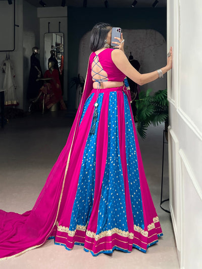 Magenta And Blue Bandhani Lehenga Choli With Mirror Lace Dupatta