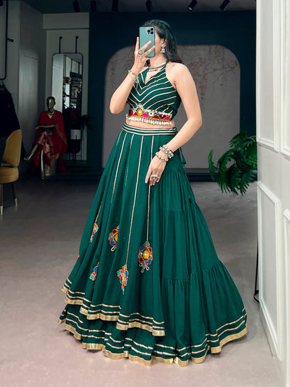 11 Meter Mega Flair Bottle Green Lehenga Choli With Gamthi Mirror Work