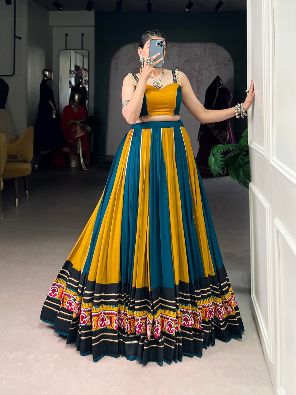 Mustard And Teal Contrast Lehenga Choli With Floral Embroidered Border