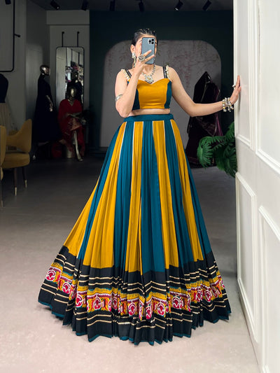 Mustard And Teal Contrast Lehenga Choli With Floral Embroidered Border