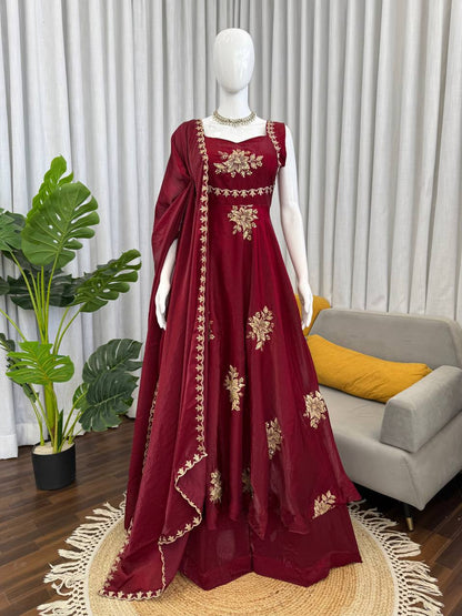 Floral Embroidered Sleeveless Anarkali Gown With Dupatta Set