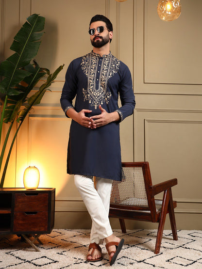 Classic Designer Embroidered Kurta Set For Men With White Pajama
