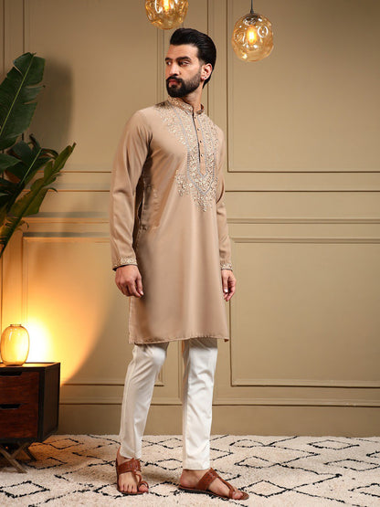 Classic Designer Embroidered Kurta Set For Men With White Pajama