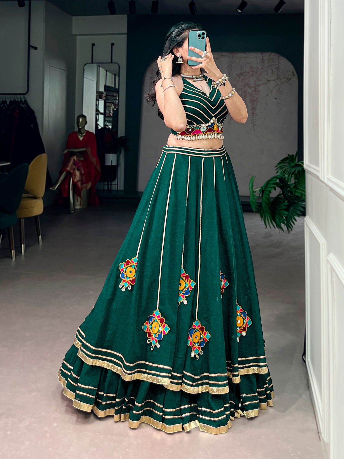 11 Meter Mega Flair Bottle Green Lehenga Choli With Gamthi Mirror Work