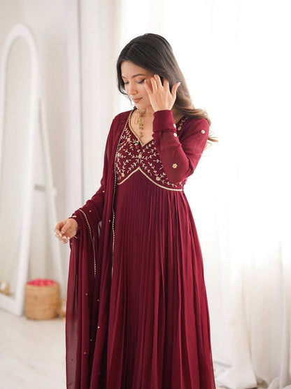 Maroon Anarkali Suit With Gold Embroidery And Dupatta