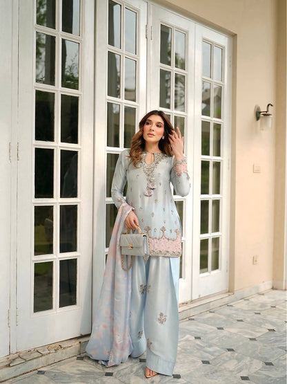 Embroidered Farshi Salwar Suit With Tassel Neckline And Dupatta