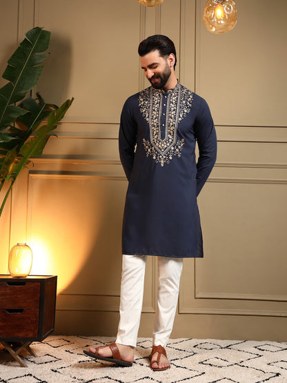 Classic Designer Embroidered Kurta Set For Men With White Pajama