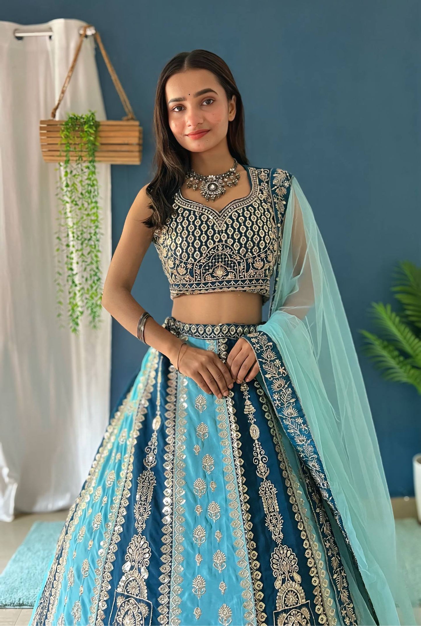 Teal Blue Zari And Sequins Panelled Bridal Lehenga Choli Set With Net Dupatta