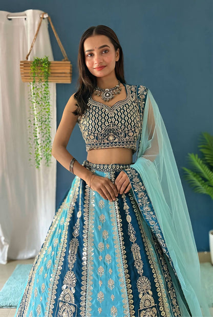 Teal Blue Zari And Sequins Panelled Bridal Lehenga Choli Set With Net Dupatta