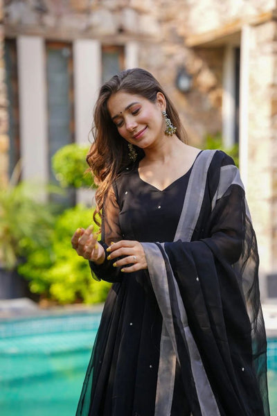 ELEGANT BLACK ANARKALI WITH SILVER FLORAL EMBROIDERY AND DUPATTA