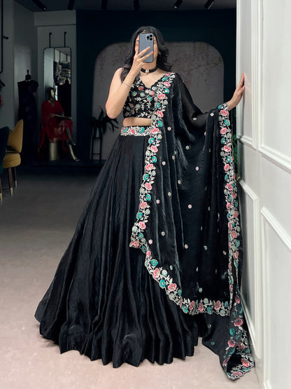 Black Embroidered Floral Lehenga Choli With Matching Dupatta