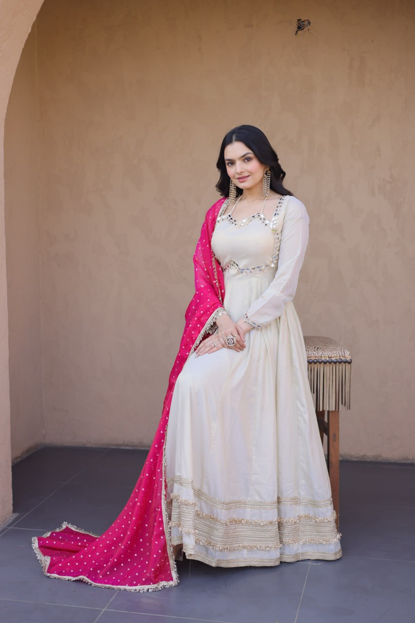 Real Mirror Work Anarkali Gown With Rani Pink Dupatta