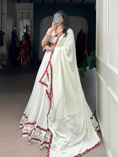 ELEGANT WHITE RAYON LEHENGA WITH MIRROR WORK BORDER