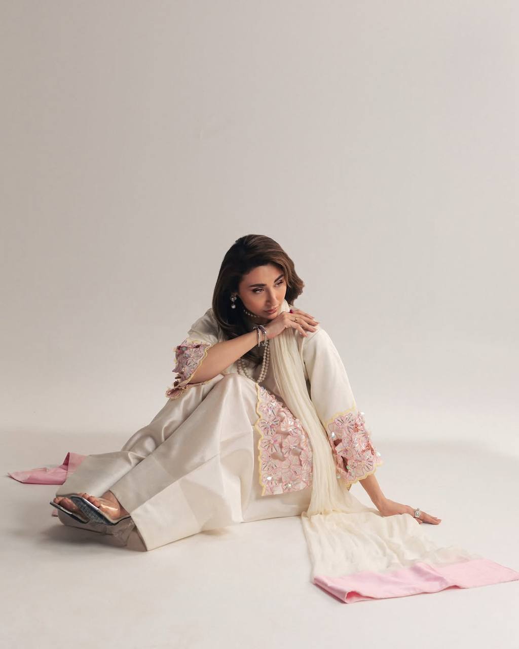 Elegant Off-White Silk Kurti With Pink Floral Embroidered Sleeves With White Salwar