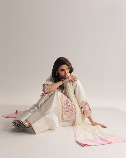 Elegant Off-White Silk Kurti With Pink Floral Embroidered Sleeves With White Salwar