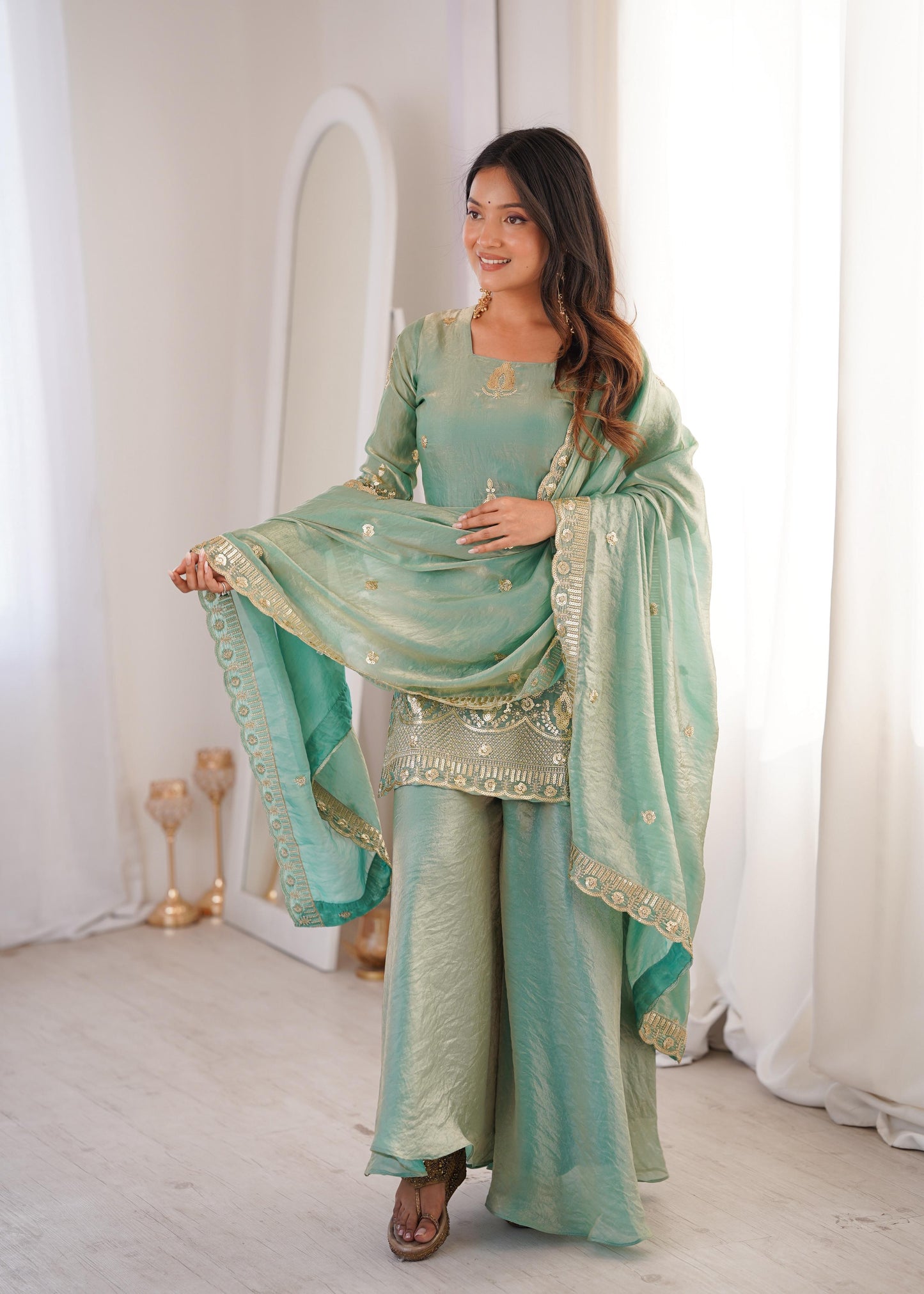 Heavy Gold Zari Embroidered Palazzo Suit Set With Dupatta