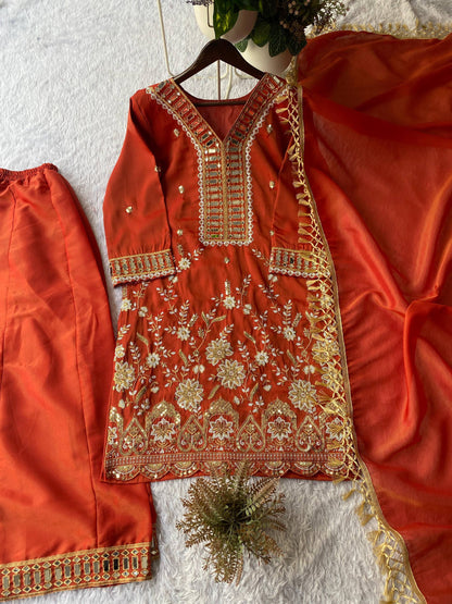 Elegant Embroidery And Mirror Work Sharara Suit With Dupatta