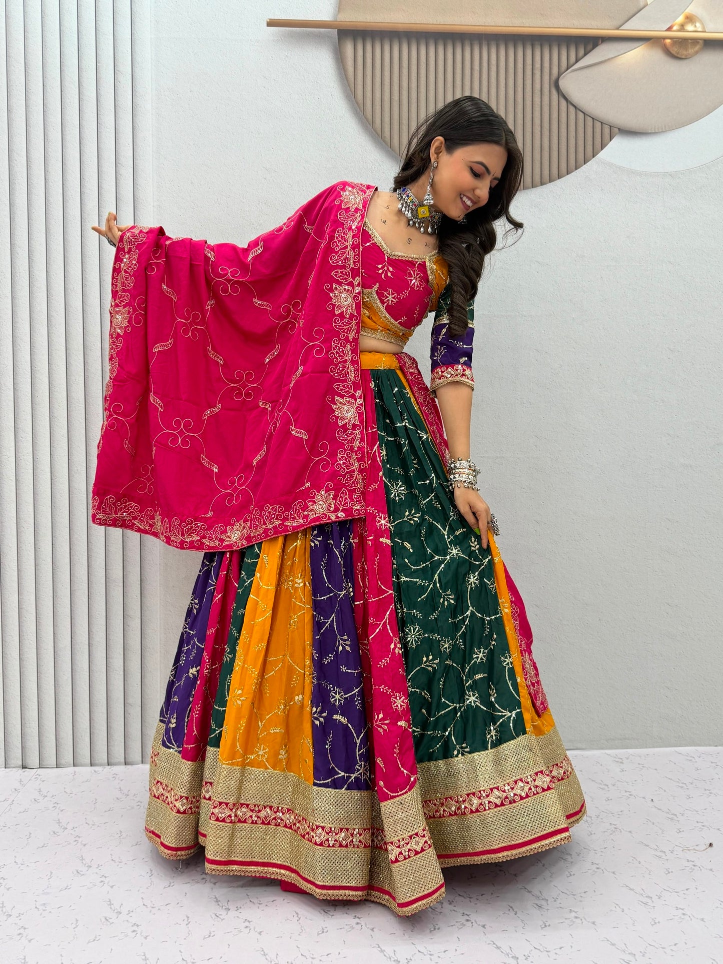 6 Meter Flair Multicolor Panelled Lehenga Choli With Embroidered Dupatta